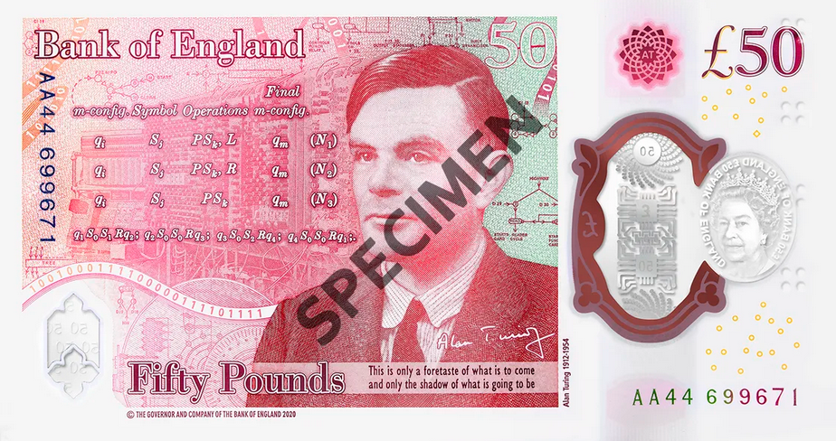 Tờ tiền in hình Turing với một bản vẽ kỹ thuật máy bay ném bom và hình ảnh Máy thử nghiệm động cơ điện toán tự động. Hình ảnh: Ngân hàng Anh