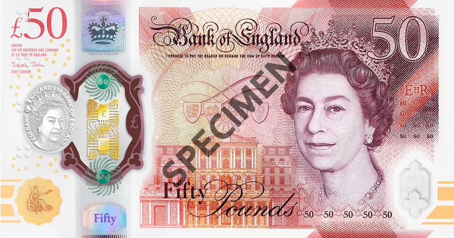 Mặt sau của tờ tiền vẫn giữ những yếu tố tiêu chuẩn như các tờ tiền khác của Ngân hàng Anh, bao gồm cả chân dung Nữ Vương Elizabeth II