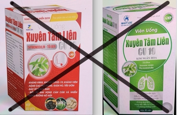 Sản phẩm viên uống Xuyên Tâm Liên CV19 logo TOÀN LỘC (vỏ hộp màu đỏ) và viên uống Xuyên Tâm Liên CV19 logo NHẤT LỘC (vỏ hộp màu xanh) được Cục An toàn thực phẩm (Bộ Y tế) cảnh báo 
