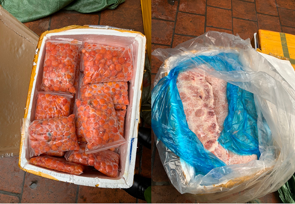 Lực lượng chức năng phát hiện khoảng 5 tấn nầm lợn, trứng non không rõ nguồn gốc được vận chuyển về Hà Nội. Ảnh: CACC. 