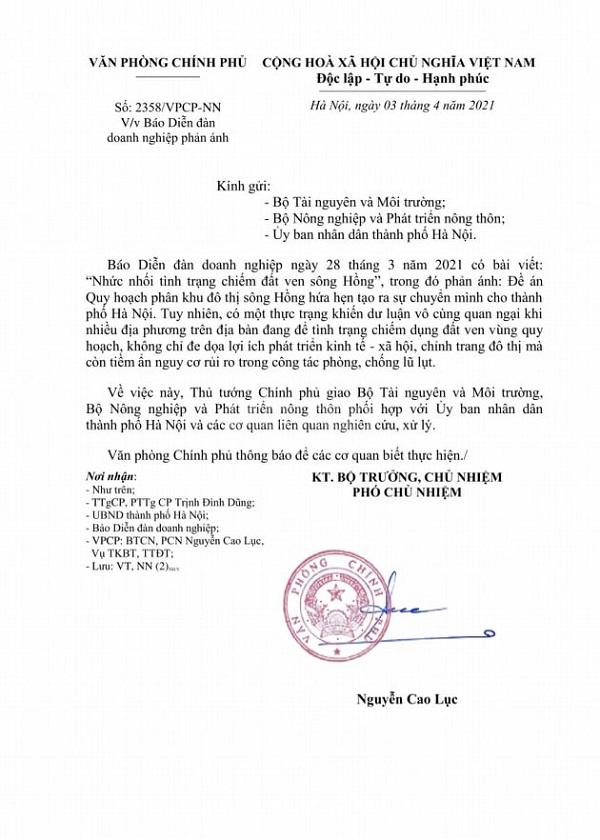 Văn bản số 2358/VPCP-NN truyền đạt ý kiến chỉ đạo của Thủ tướng Chính phủ về tình trạng chiếm dụng đất ven sông Hồng 