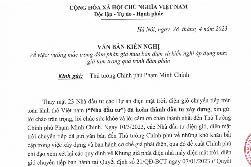 Văn bản kiến nghị của các Nhà đầu tư gửi Thủ tướng Chính phủ - Phạm Minh Chính