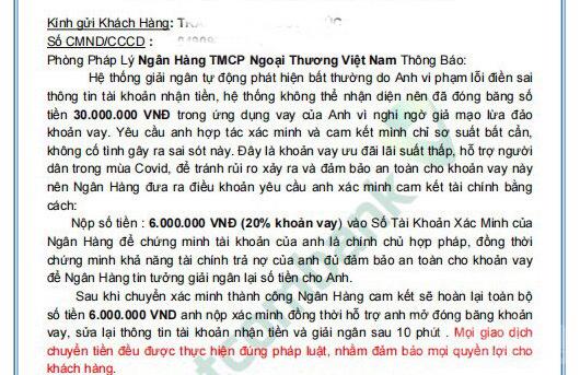 Ngay sau đó, các đối tượng làm giả một văn bản của ngân hàng TMCP Ngoại thương Việt Nam để đánh vào tâm lý khách hàng.