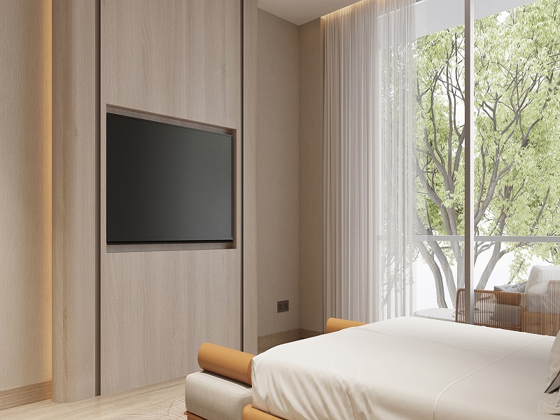Phòng ngủ tối giản nội thất nhưng vẫn ưu tiên các khoảng xanh, tận dụng ánh sáng tự nhiên chan hòa tạo ra không gian nghỉ dưỡng trong lành, dễ chịu.