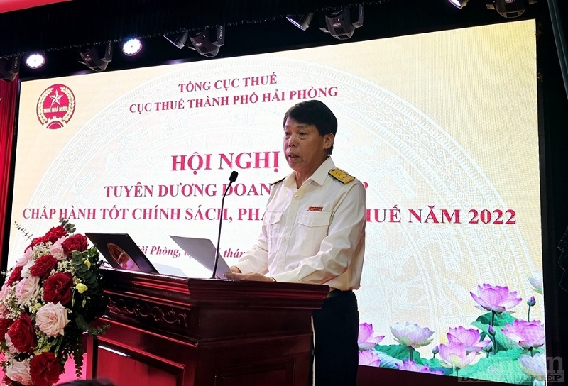 Ông Hà Văn Trường - Cục trưởng Cục Thuế TP Hải Phòng phát biểu tại Hội nghị tuyên dương doanh nghiệp chấp hành tốt chính sách, pháp luật thuế năm 2022