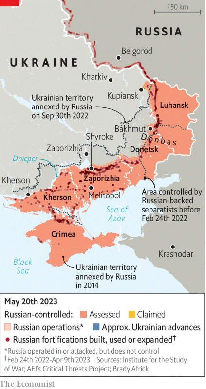 Viền màu đỏ cho thấy mức độ xây dựng công sự phòng thủ của Nga hiệu quả ra sao (Ảnh: The Economist)