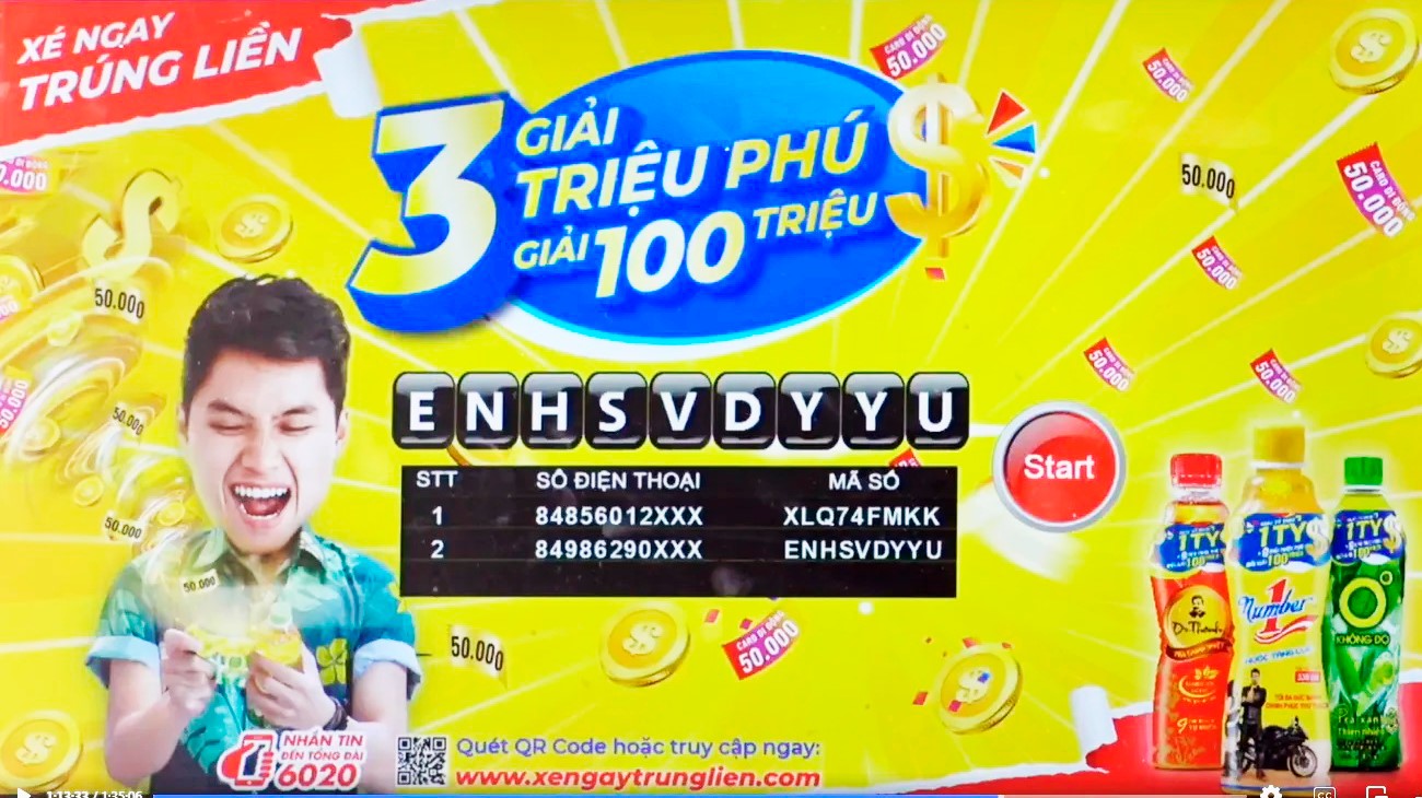 Mã số dự thưởng ENHSVDYYU trúng giải 100 triệu đồng được xác định là của anh Nguyễn Vũ Tướng.