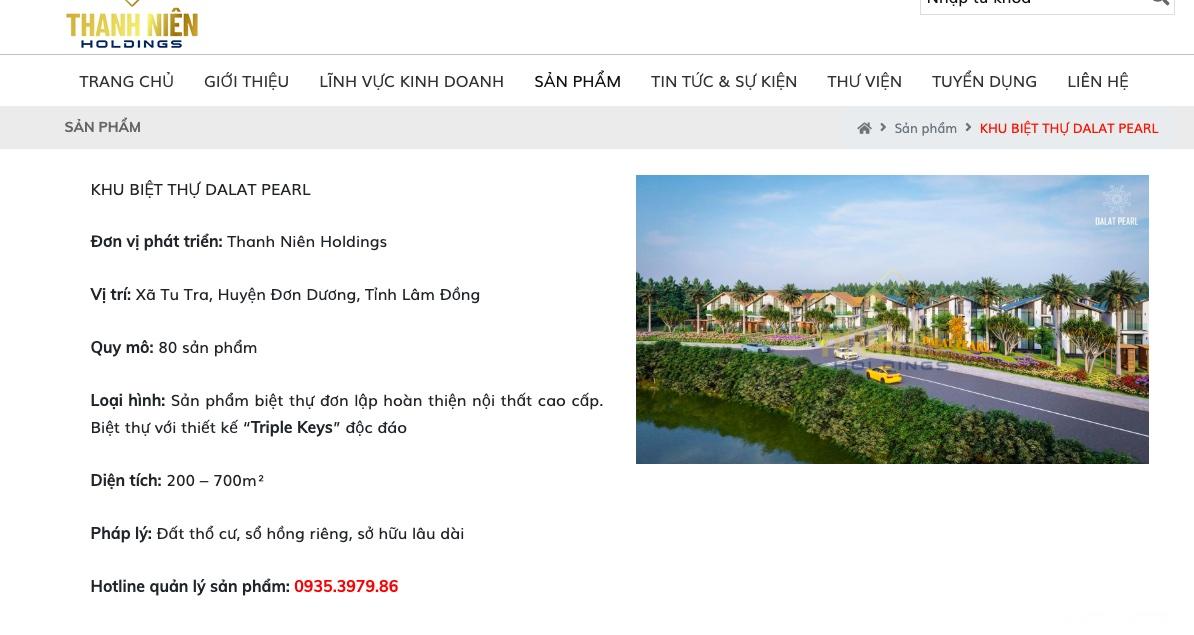 Thanh Niên Holdings vẫn treo sản phẩm Dalat Pearl trên trang web của mình 